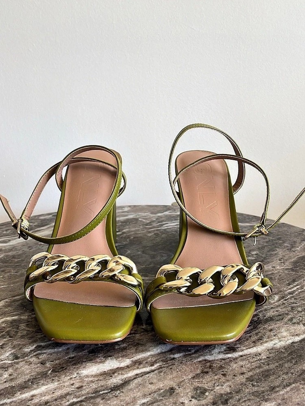 ONLY chunky high heeled sandals with chain detail in olive